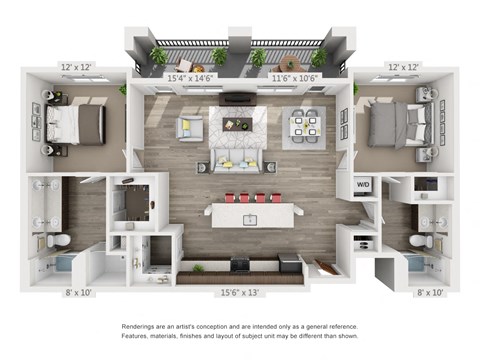 Floor plan for 2 beds, 2 baths, 1336 sqft